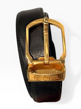 Chanel Black Leather Belt Gold Buckle Logo Waist Belt Authenticated